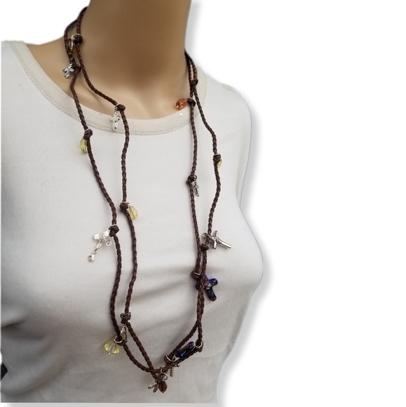 VERY LONG BROWN BRAIDED LEATHER & SILVERPLATED CROSS CHARMS NECKLACE - Picture 2 of 10